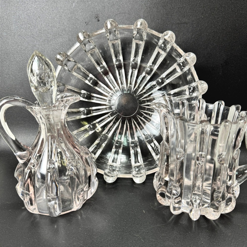 Antique 1893 EAPG US Glass Broken Column 3 Pc Cruet Creamer Bowl UV Reactive